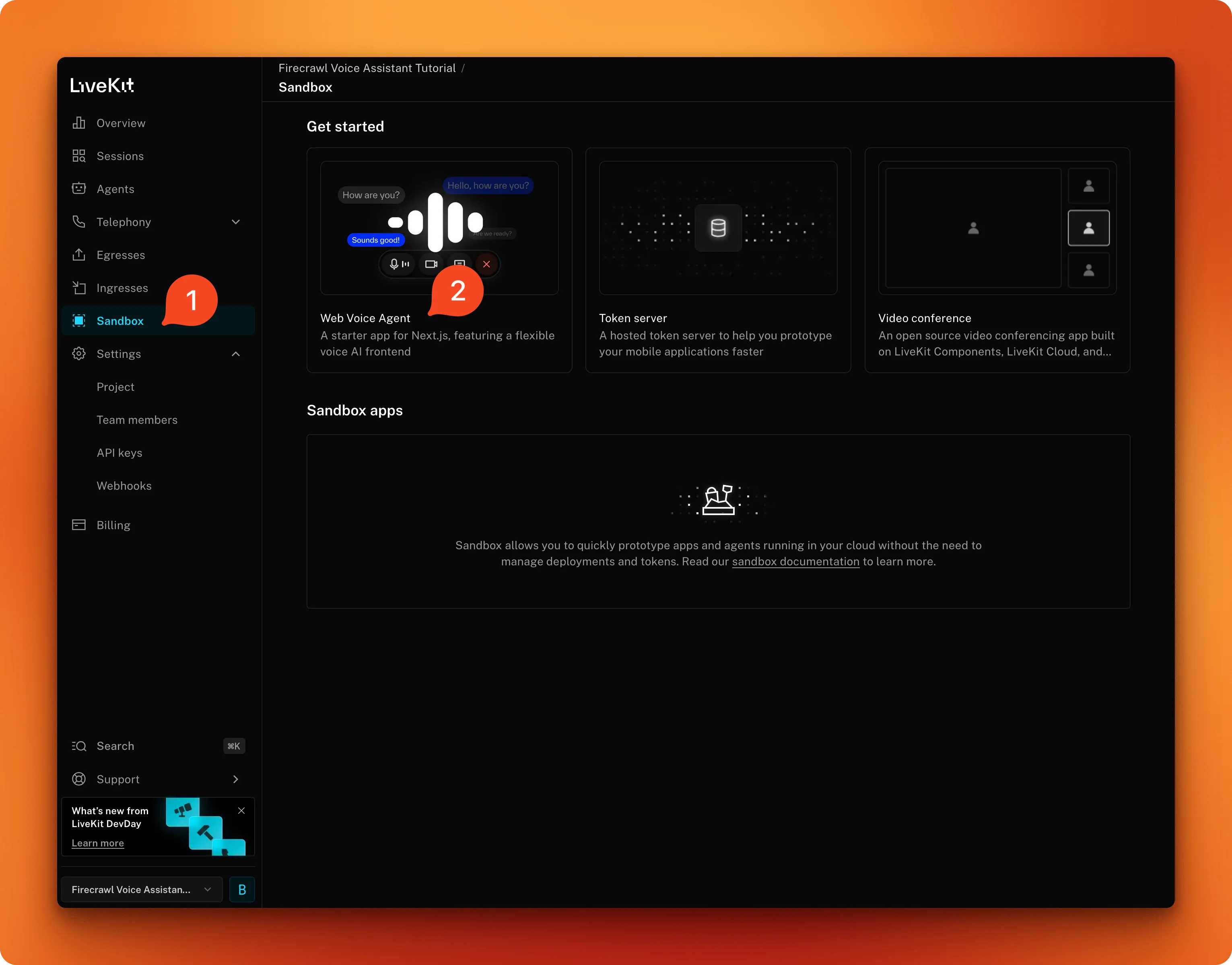 LiveKit Agent Playground project selector ready to connect to the Gemini Live voice assistant
