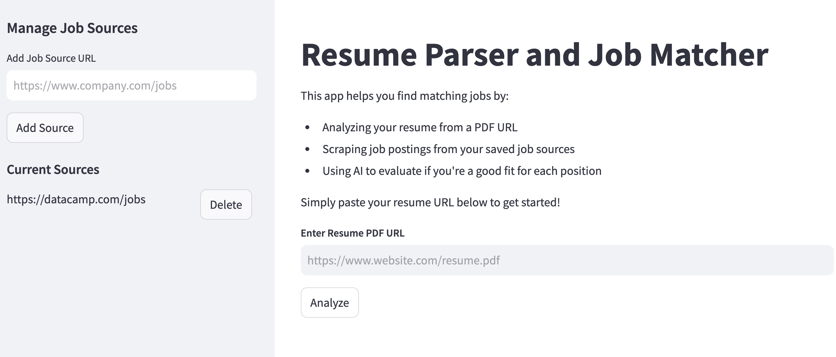 Screenshot of the AI resume job matching app showing the main interface with job sources sidebar and resume upload section