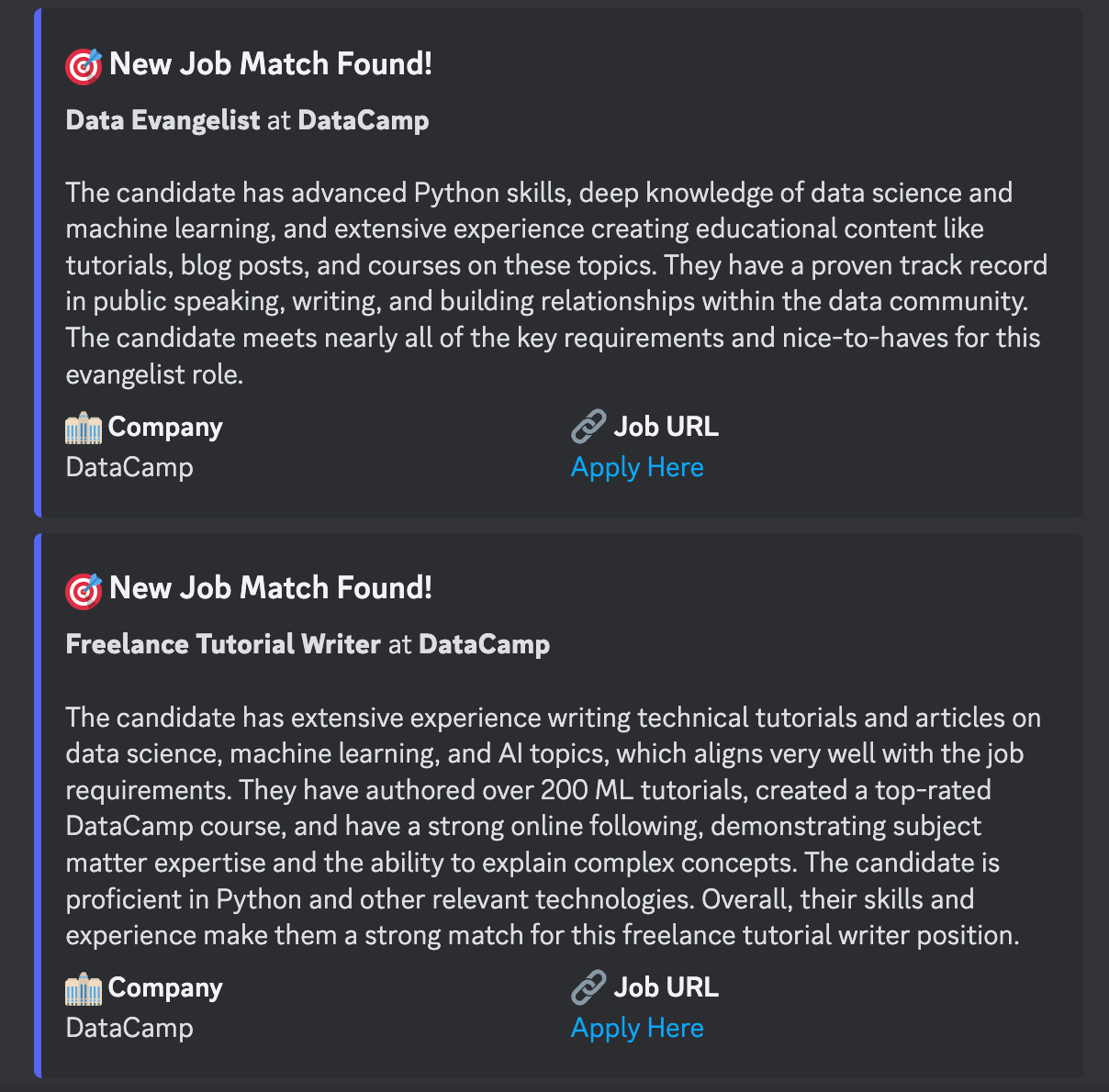 Screenshot of a Discord notification showing a job match alert with details about the position and match analysis