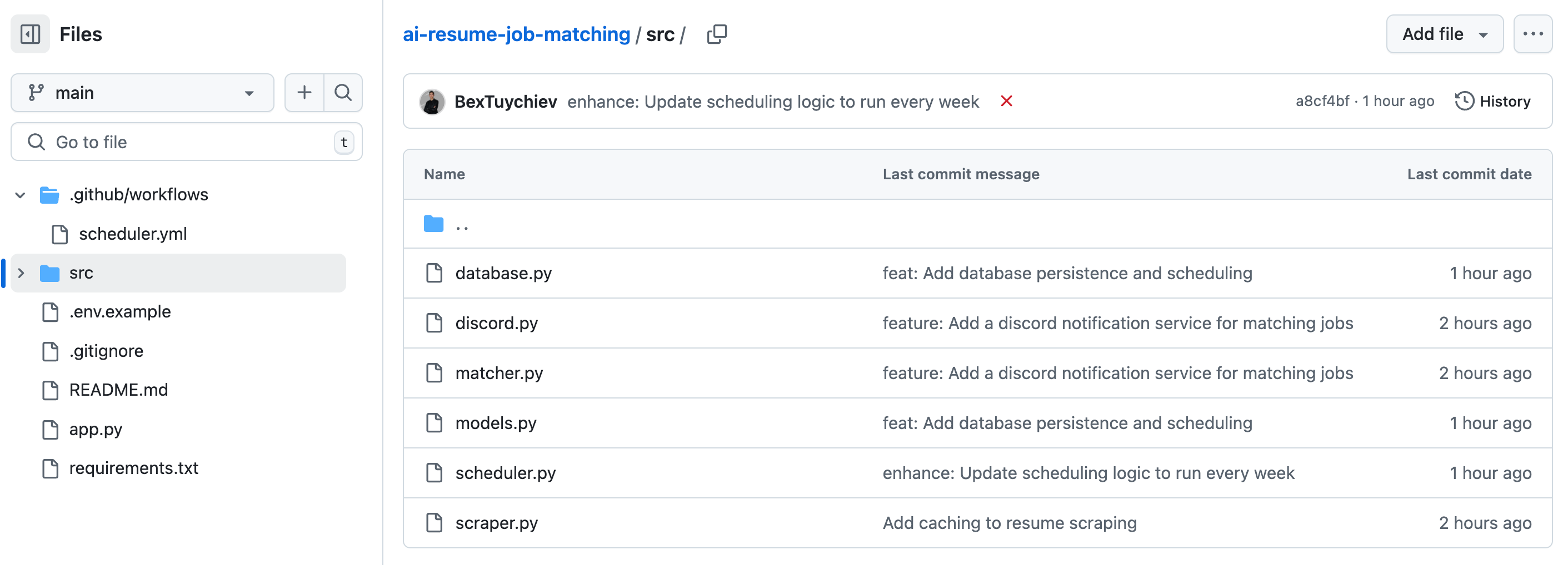GitHub repository file structure showing key files like models.py, scraper.py, and app.py