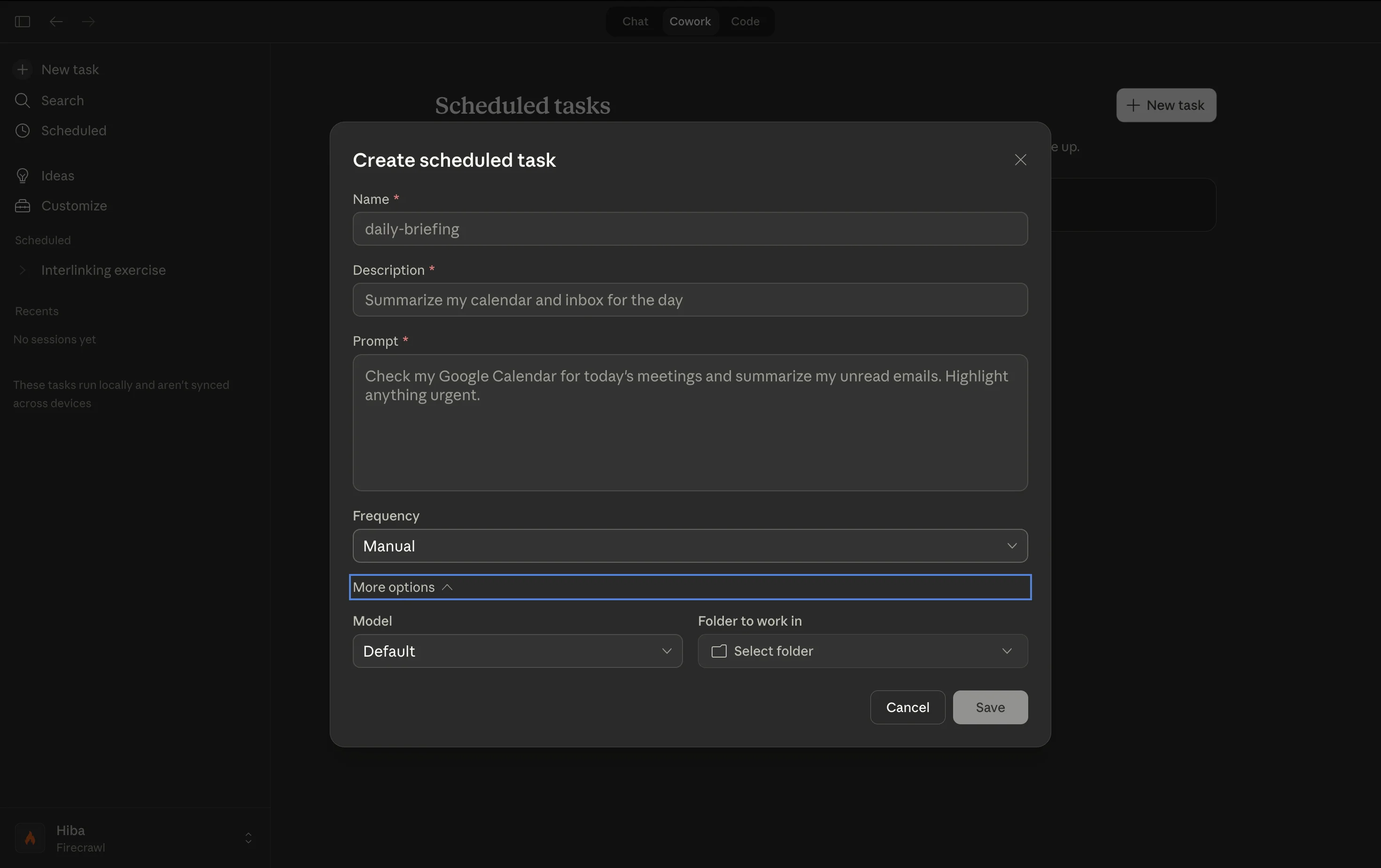 Claude Desktop Cowork Schedule tab