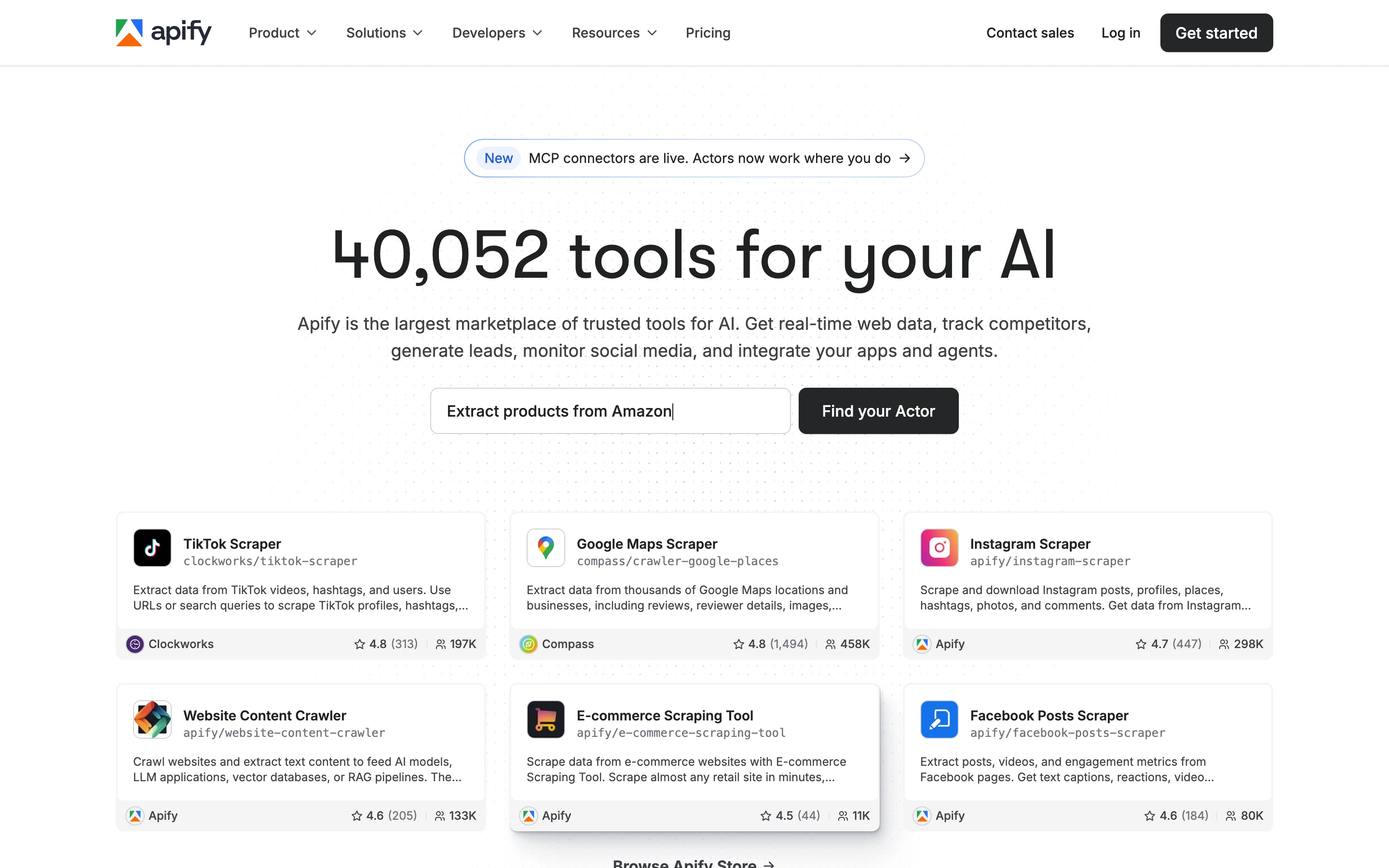 Apify homepage showing its marketplace of tens of thousands of prebuilt Actors for AI