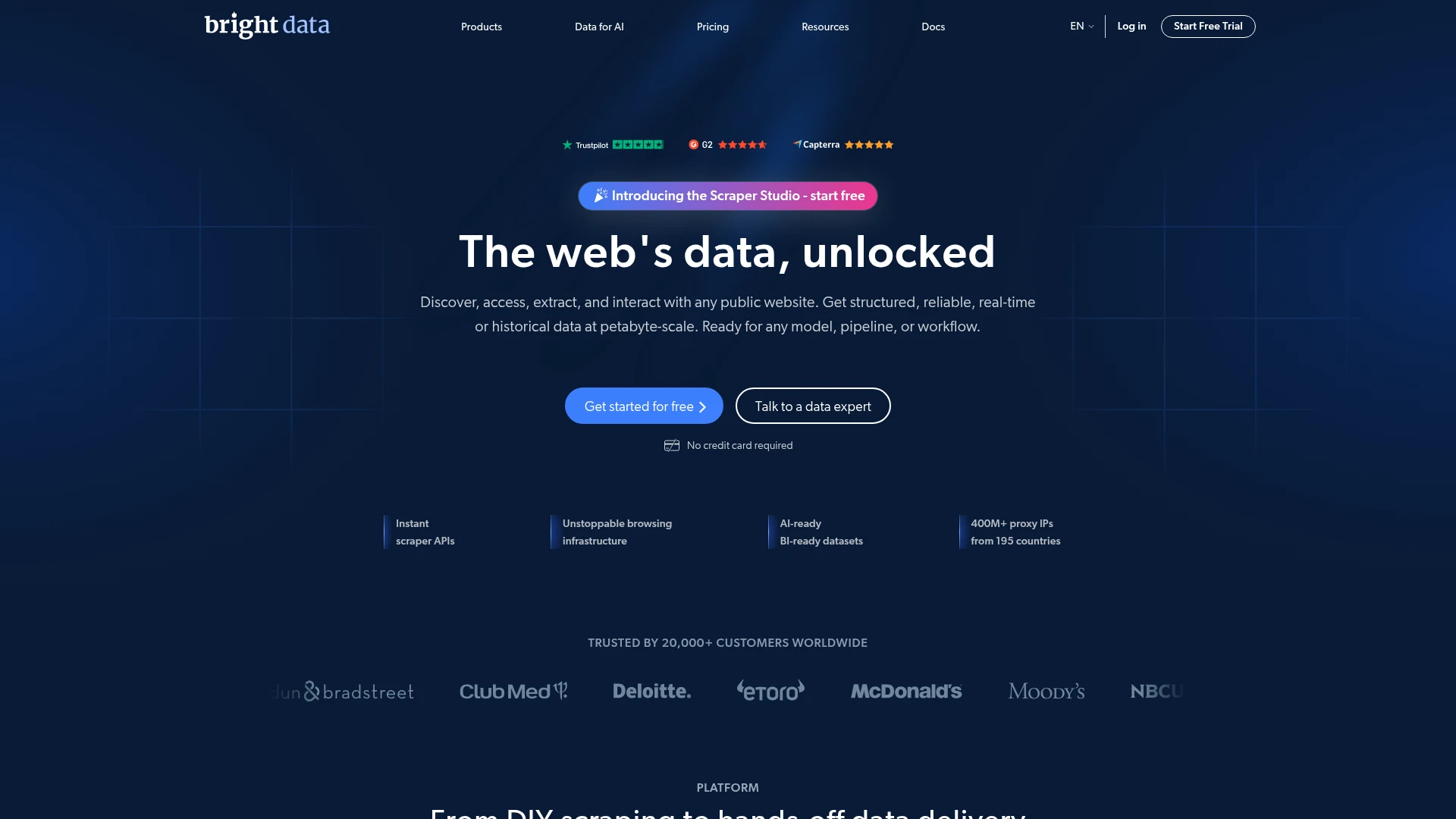 Bright Data homepage promoting the web's data unlocked with a large global proxy network