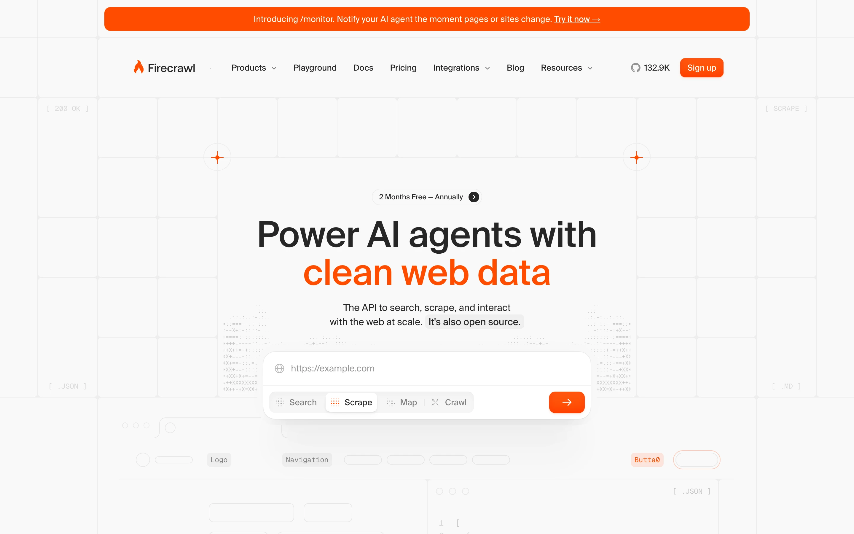 Firecrawl homepage showing its API to search, scrape, and interact with the web for AI agents