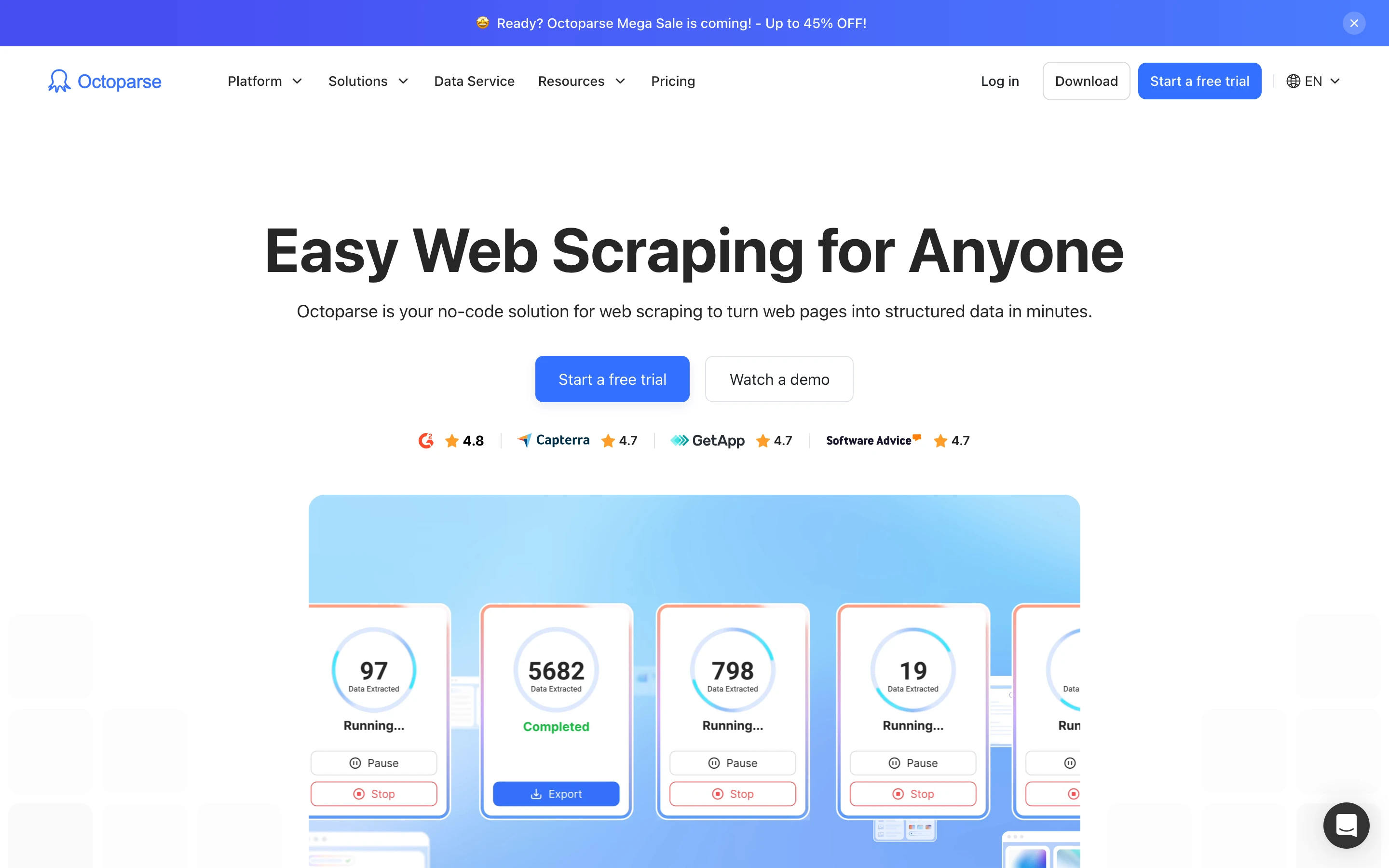 Octoparse homepage promoting easy no-code web scraping for anyone