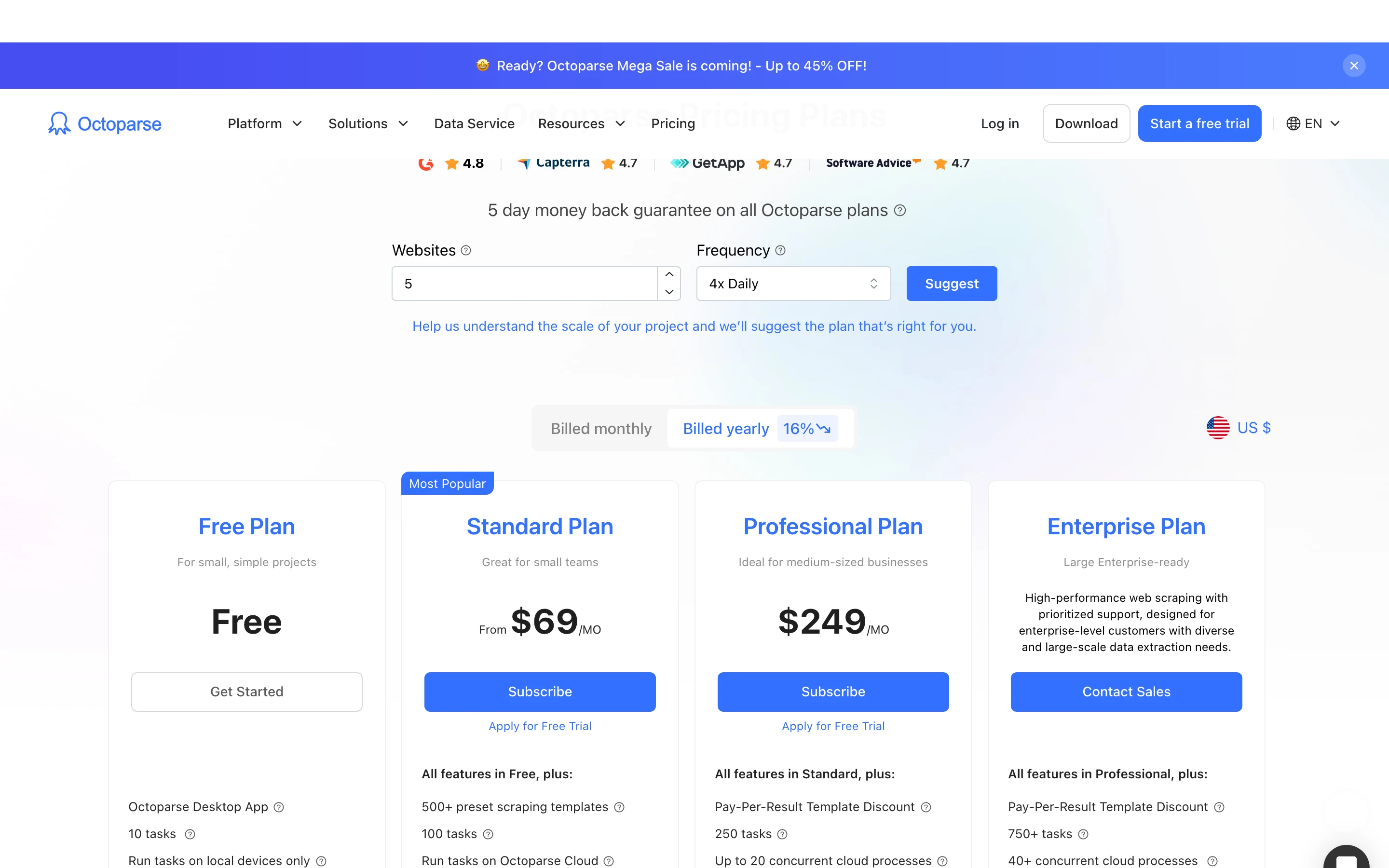 Octoparse pricing: free plan, Standard from $69 a month, and Professional at $249 a month
