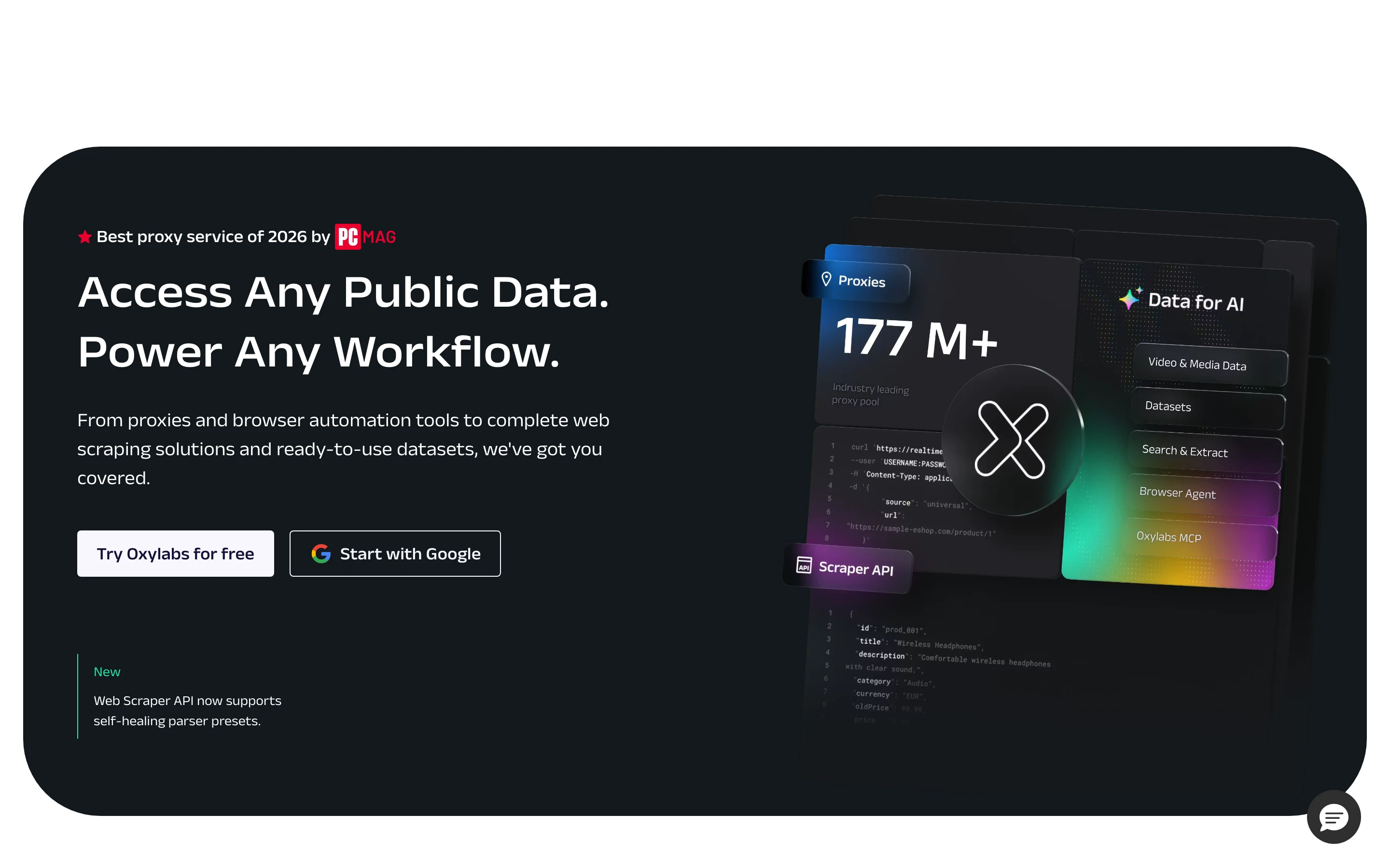 Oxylabs homepage promoting access to any public data with premium proxy infrastructure