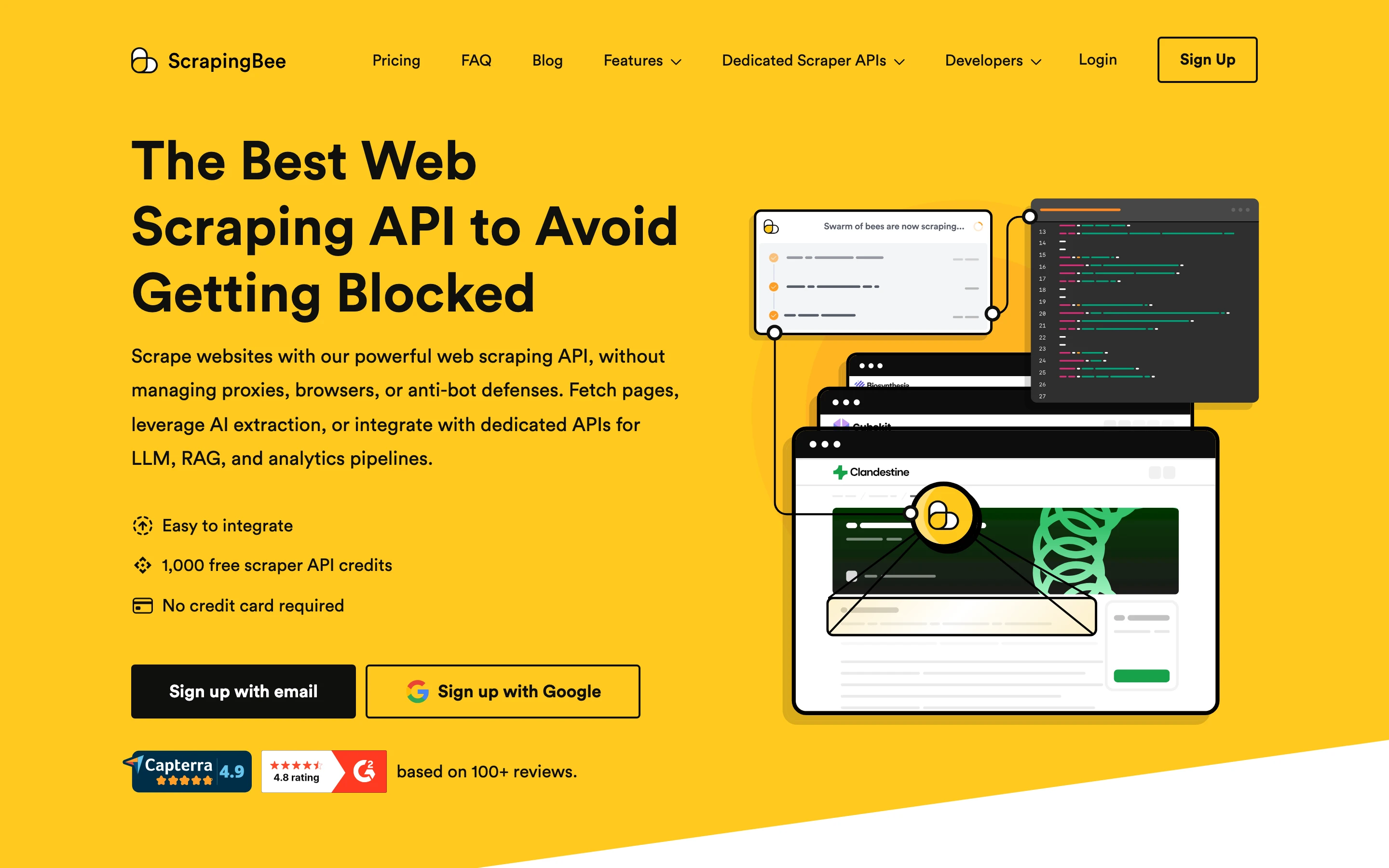 ScrapingBee homepage positioning its web scraping API to avoid getting blocked