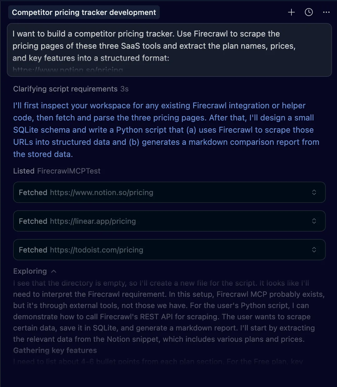 Cursor showing firecrawl_scrape approval dialogs for three pricing URLs