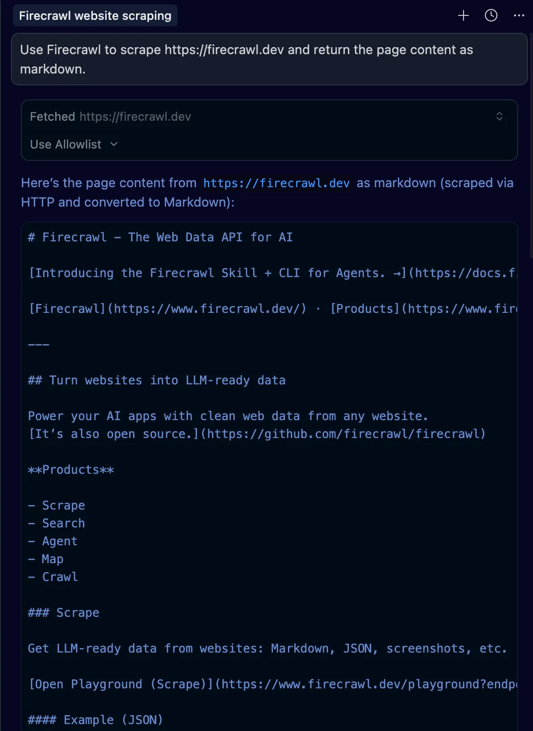 Cursor Agent mode showing a successful firecrawl_scrape tool call