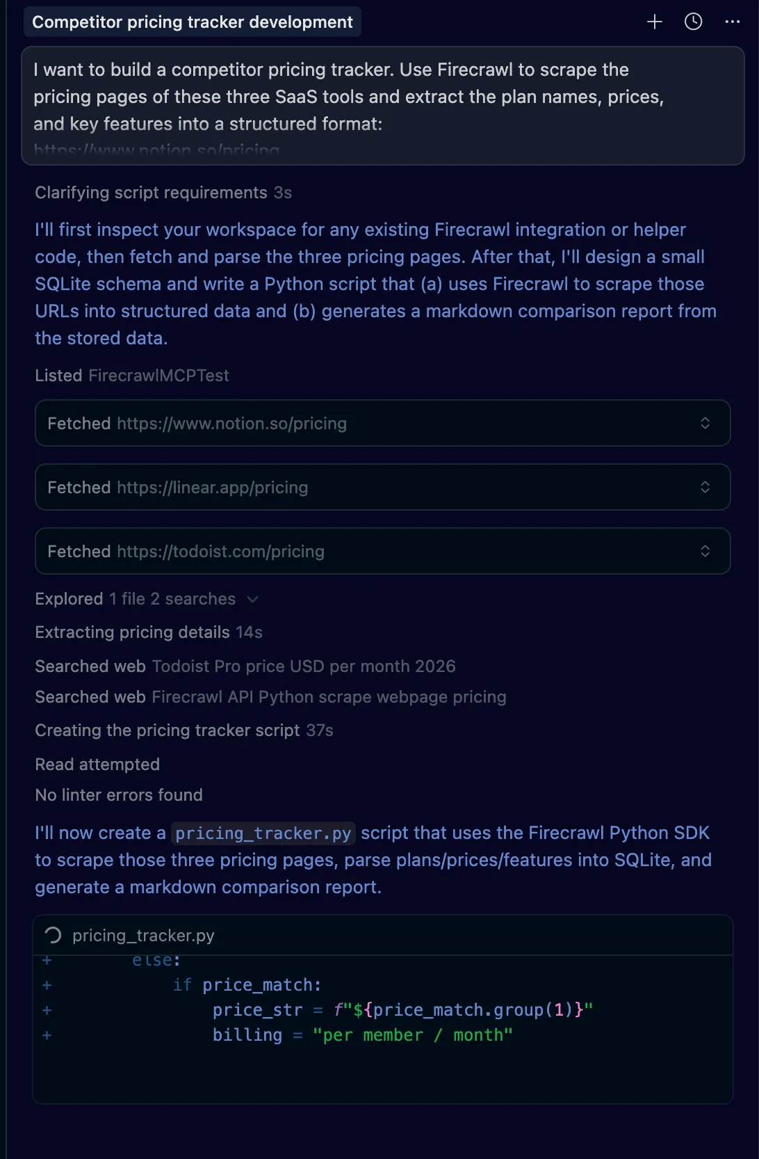 Cursor generating the Python pricing tracker script code