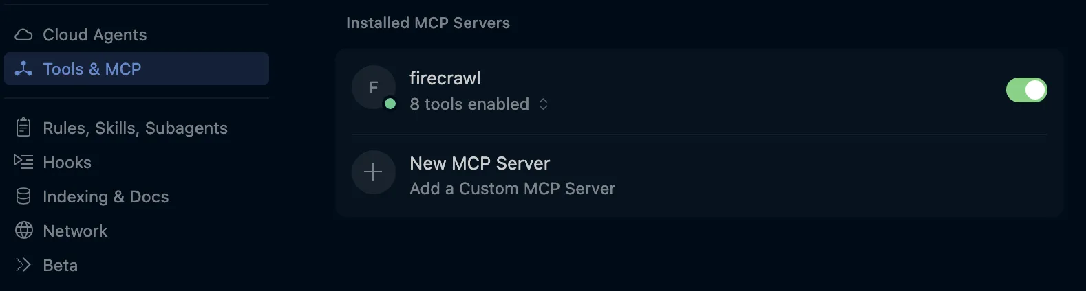 Cursor MCP server list showing firecrawl-mcp with a green connection dot