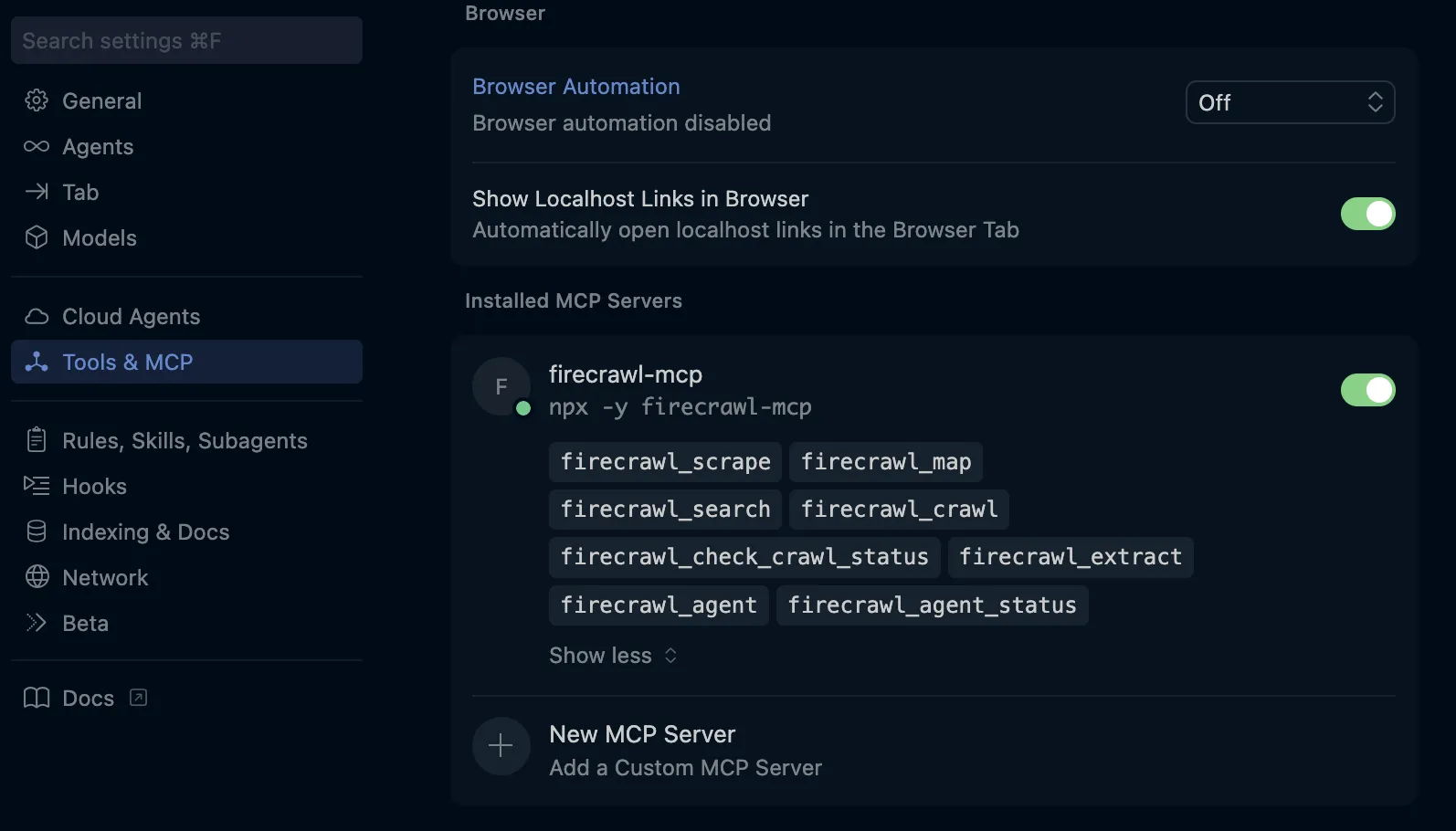 Cursor Settings showing the firecrawl-mcp server tool list installed under Tools and MCP