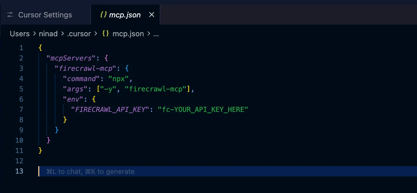 Cursor Settings UI showing the mcp.json configuration for Firecrawl MCP