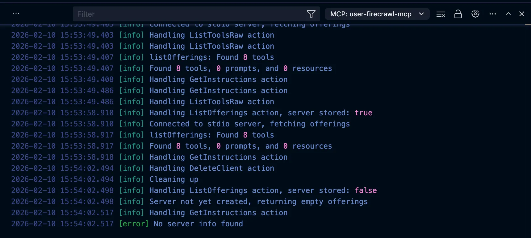 Cursor MCP server logs showing connection details and timestamps
