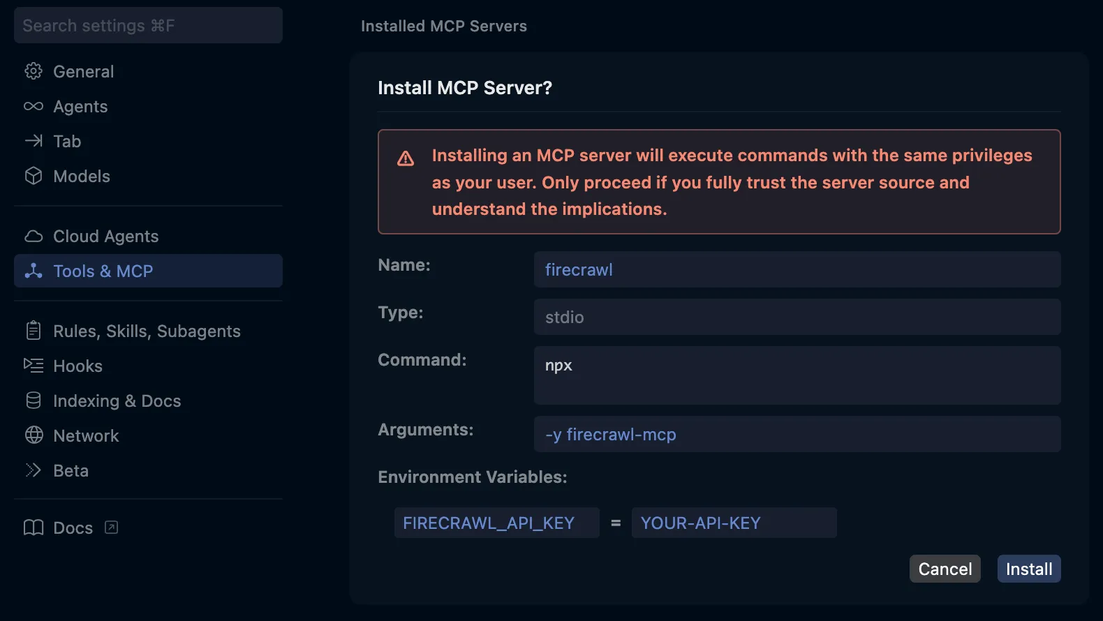 One-click install confirmation dialog for Firecrawl MCP in Cursor