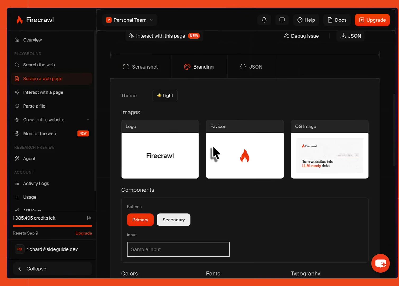 The Firecrawl playground with the branding and screenshot formats enabled, showing extracted logo, favicon, and OG image alongside primary and secondary button components and the site's colors