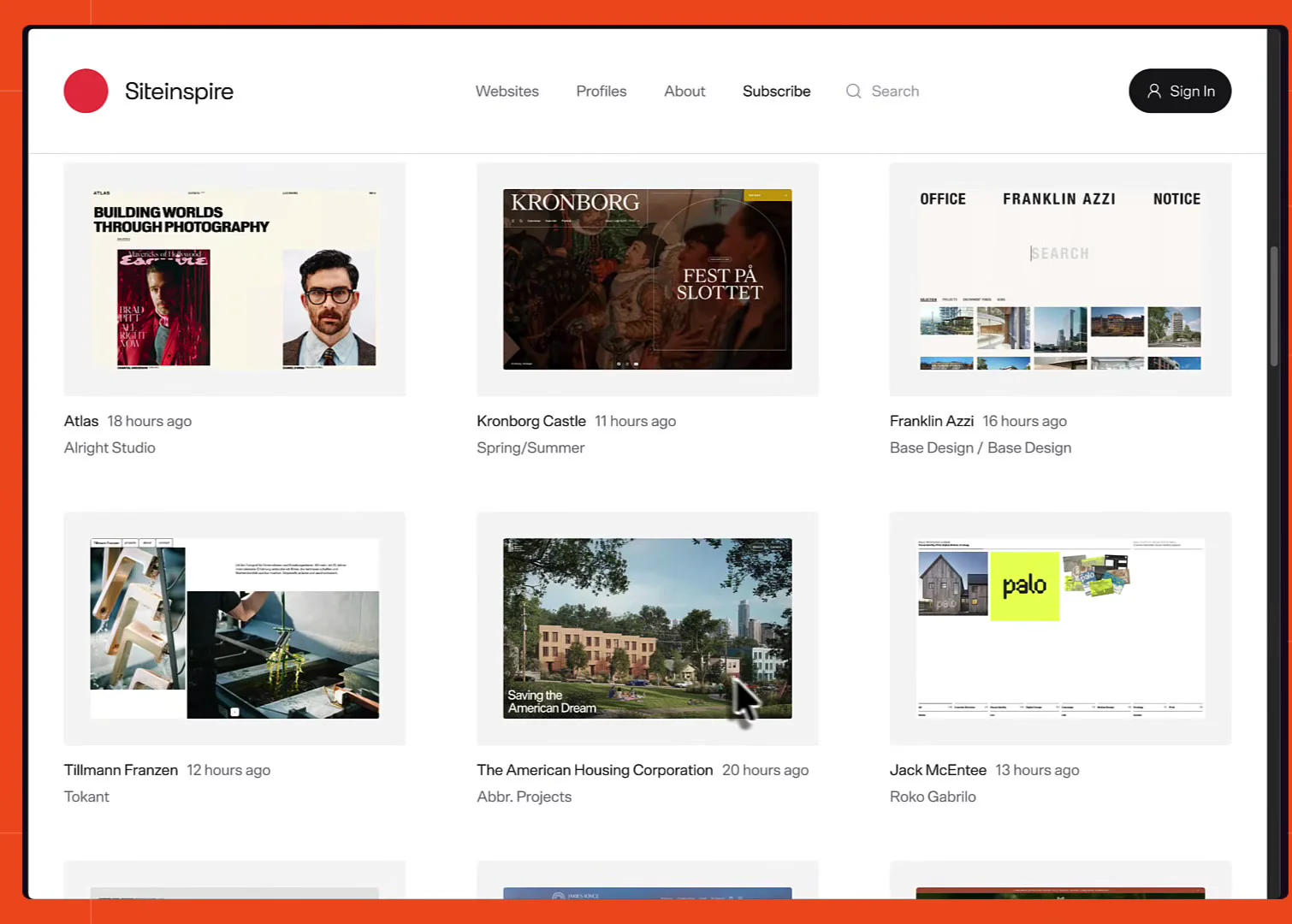 Site Inspire's gallery of design-led websites, with The American Housing Corporation among the listings