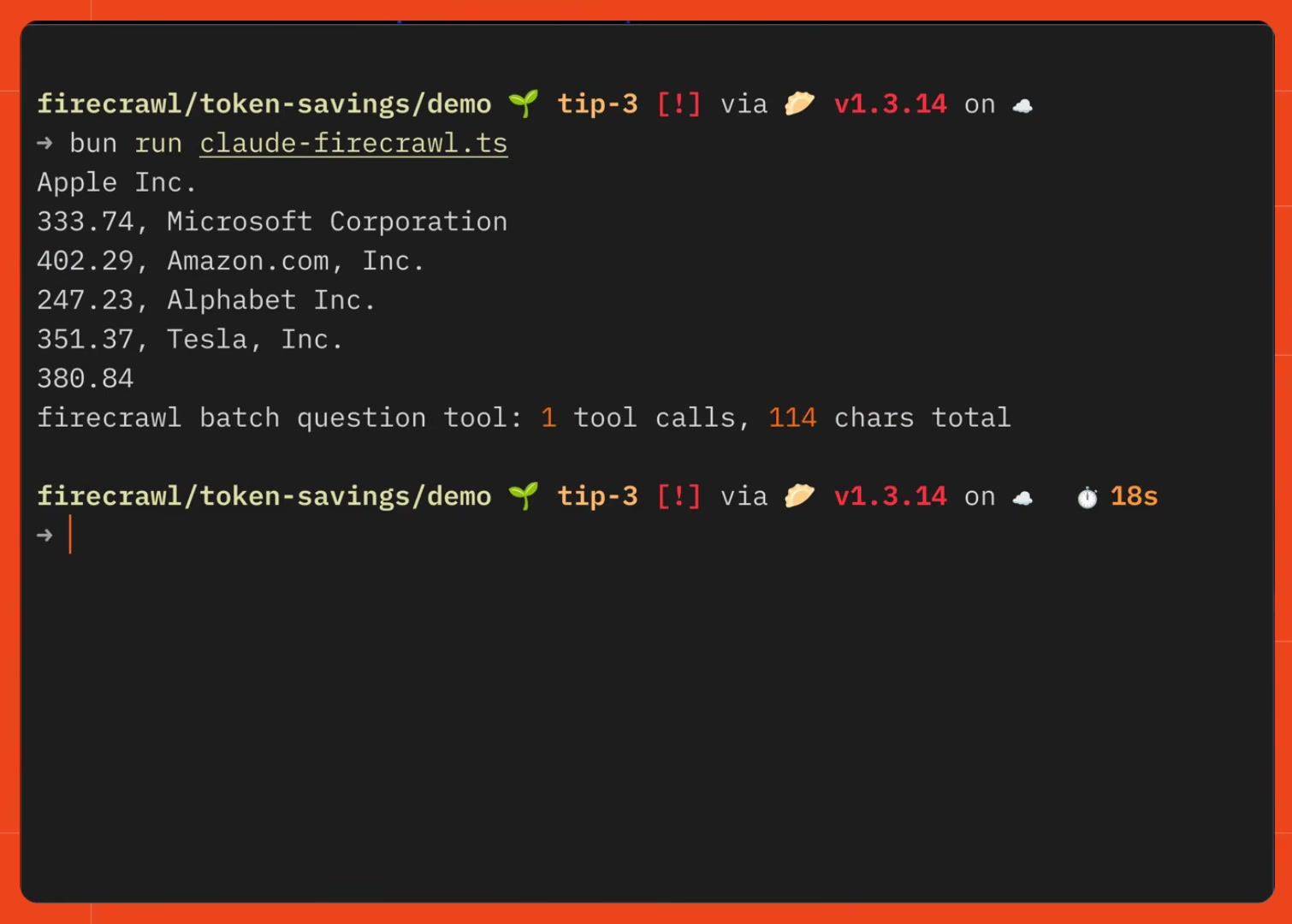 A terminal showing five stock prices returned from a single Firecrawl batch scrape call, labeled "firecrawl batch question tool: 1 tool calls, 114 chars total"