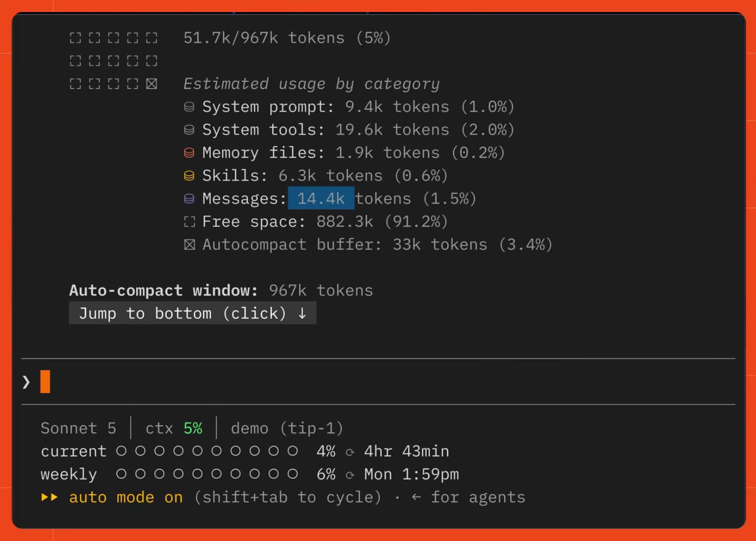 Claude Code's /context breakdown showing 14.4k tokens spent on messages after the Firecrawl-backed research call