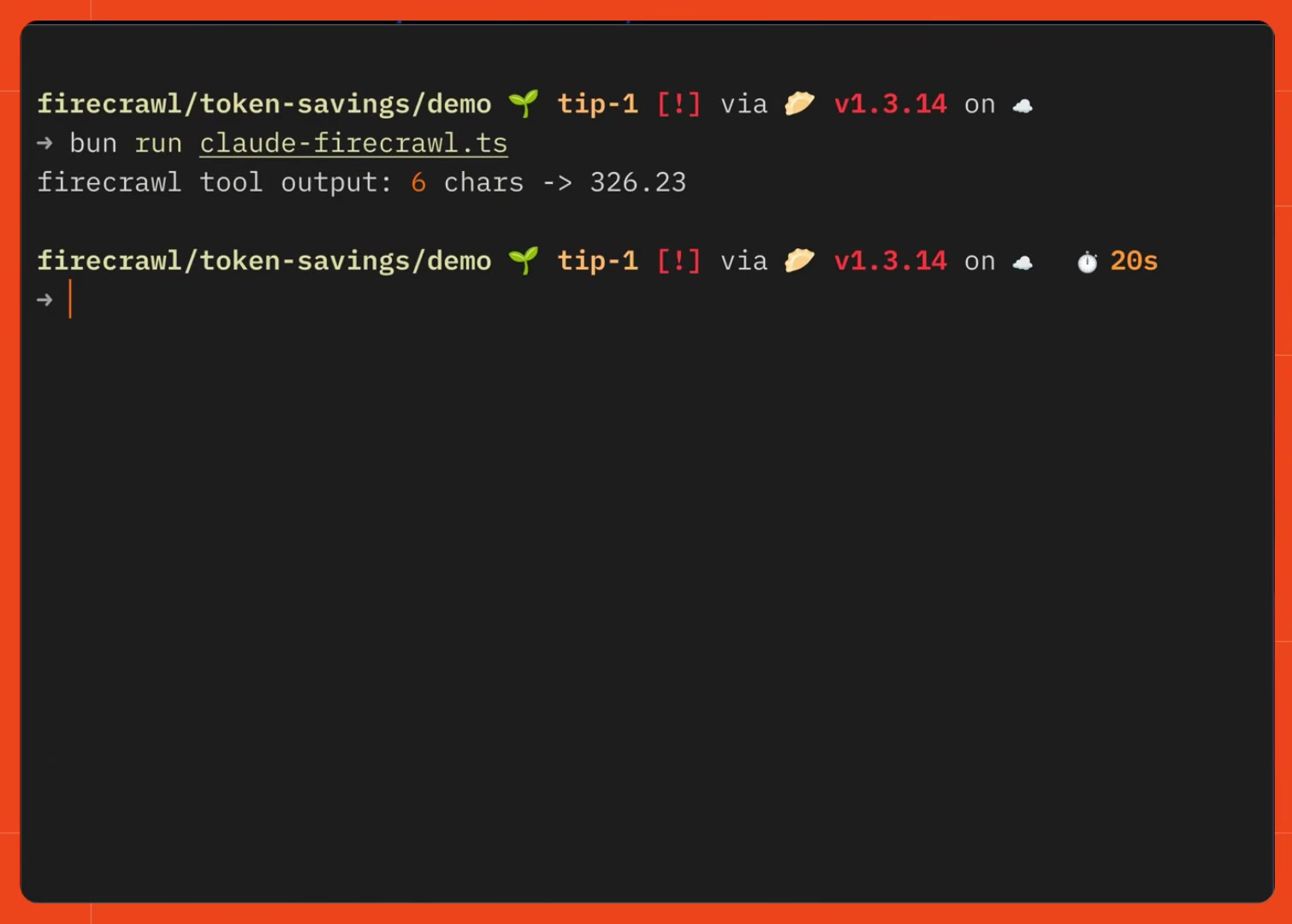 A terminal showing "firecrawl tool output: 6 chars -> 326.23", the entire response to the stock price question