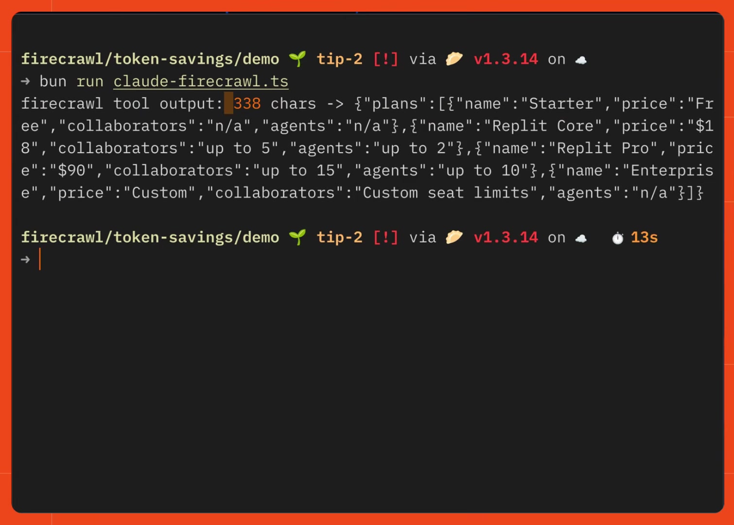 A terminal showing "firecrawl tool output: 338 chars" followed by a JSON array of Replit's Starter, Core, Pro, and Enterprise plans