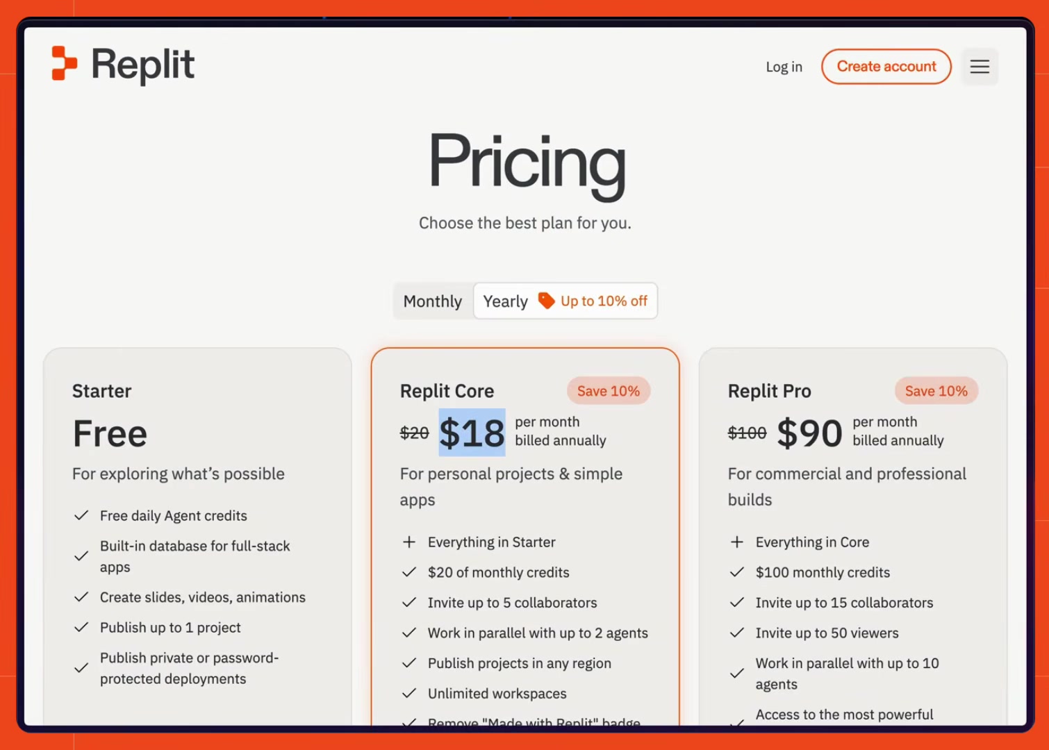 The Replit pricing page showing Starter, Replit Core, and Replit Pro tiers with pricing and feature lists