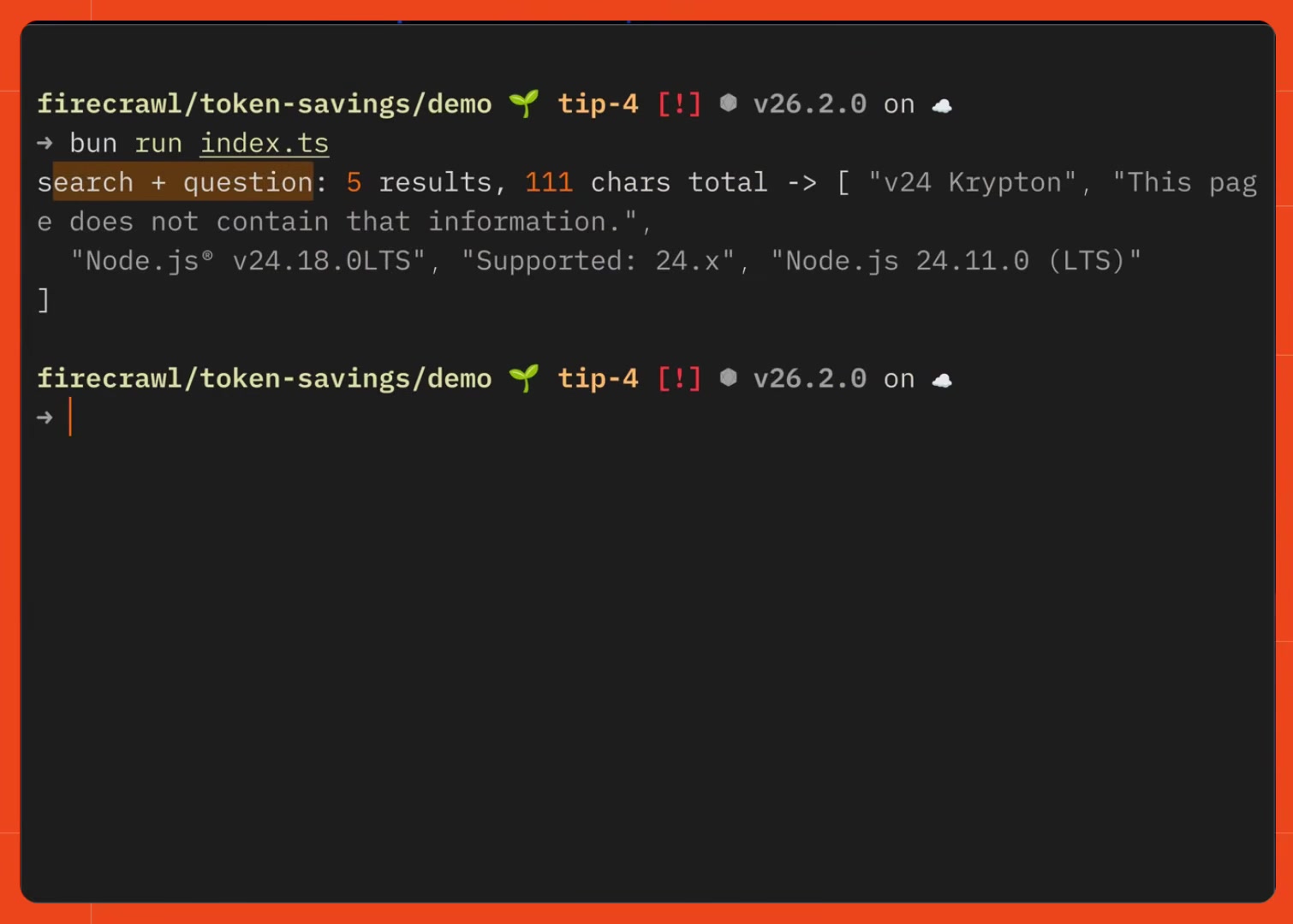 A terminal showing "search + question: 5 results, 111 chars total" with each result's short answer about Node.js's latest LTS version