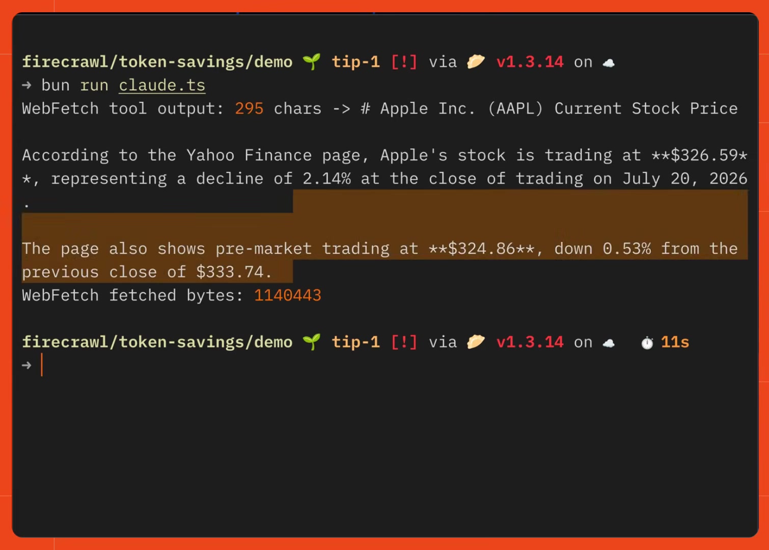 A terminal showing "WebFetch tool output: 295 chars" followed by a two-paragraph summary of Apple's stock price and pre-market trading, with "WebFetch fetched bytes: 1140443" below it