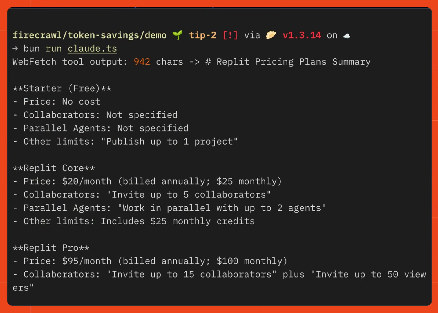 A terminal showing "WebFetch tool output: 942 chars" followed by a written summary of Replit's Starter, Core, and Pro plans