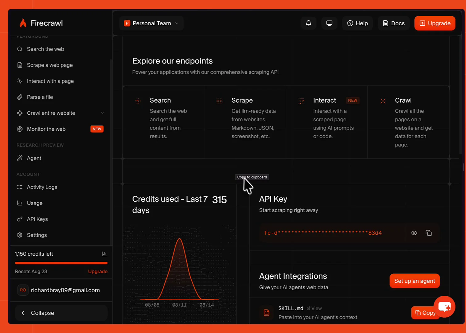 The Firecrawl dashboard showing the endpoint cards for Search, Scrape, Interact, and Crawl, with a credits chart and an API Key panel