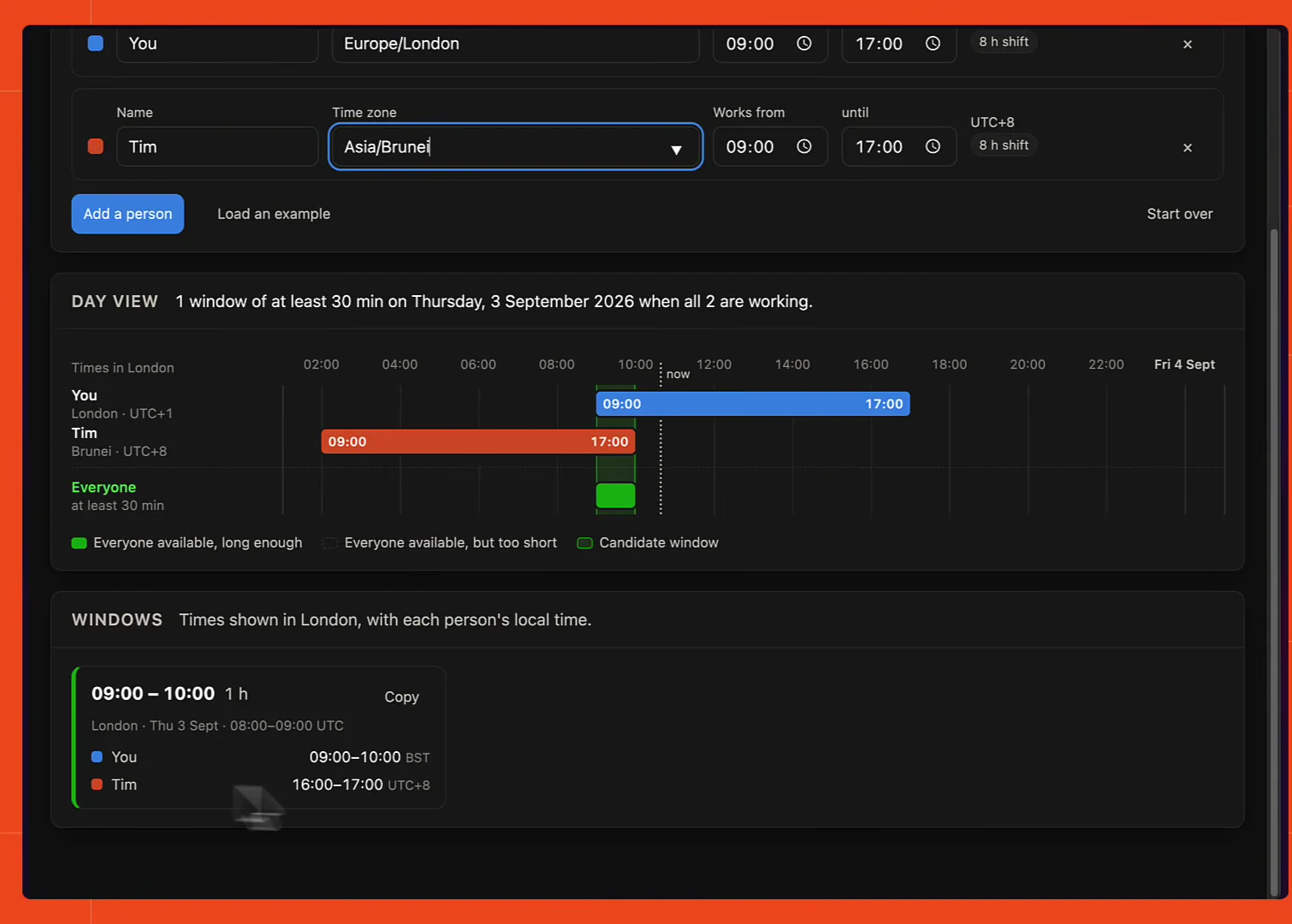 Fable 5.1's meeting planner build in dark mode, showing a single resolved 09:00 to 10:00 meeting window for two participants in London and Brunei