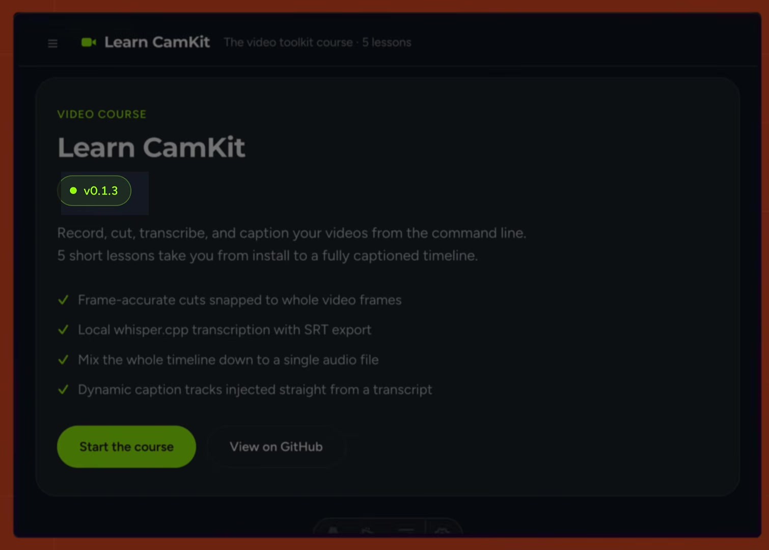 A course site displaying the CamKit version number, sourced from the monitor's tracked value