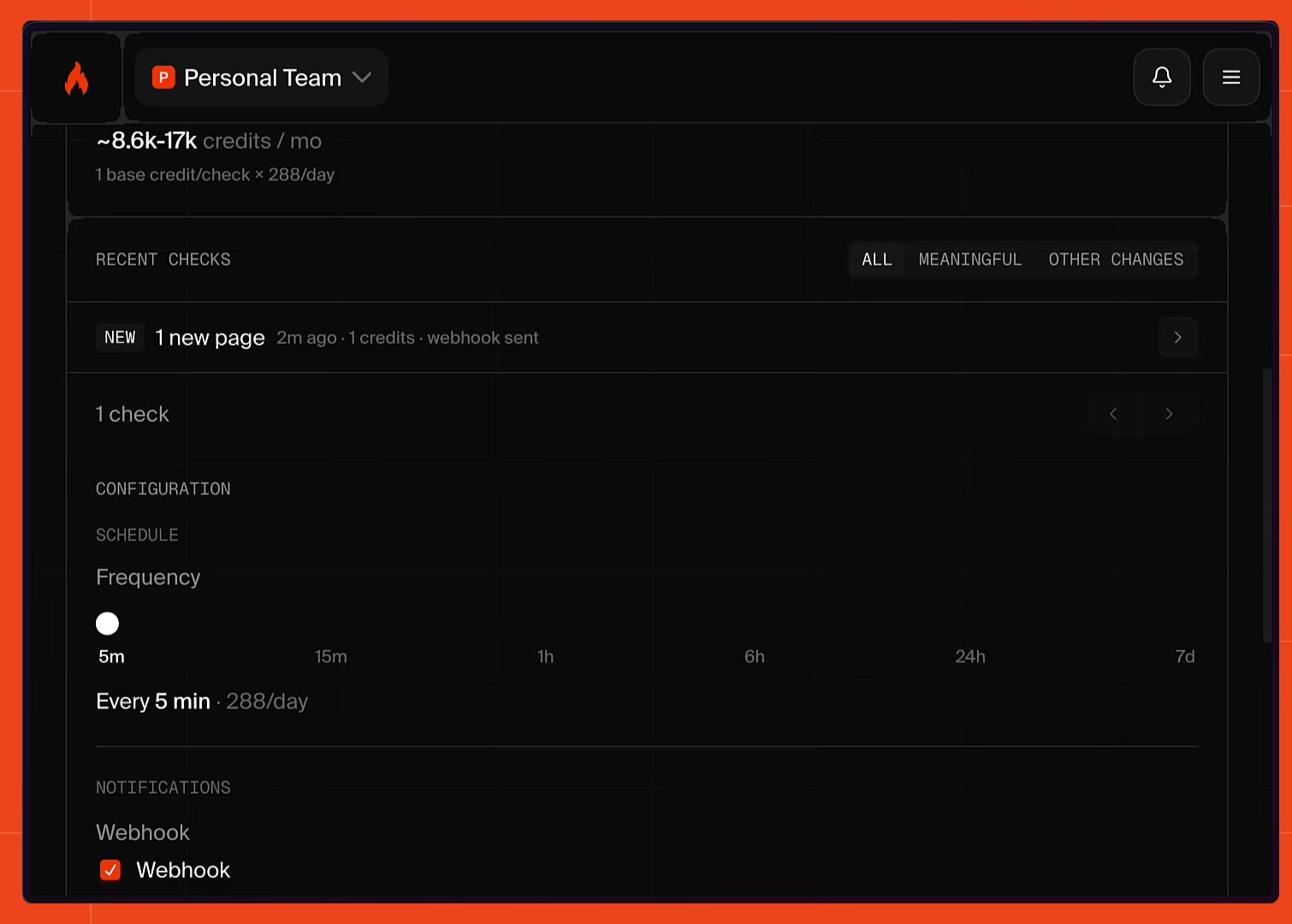 The Firecrawl dashboard after the first check, showing a single baseline check with no meaningful change, alongside the monitor's every-5-minute schedule and webhook notification settings