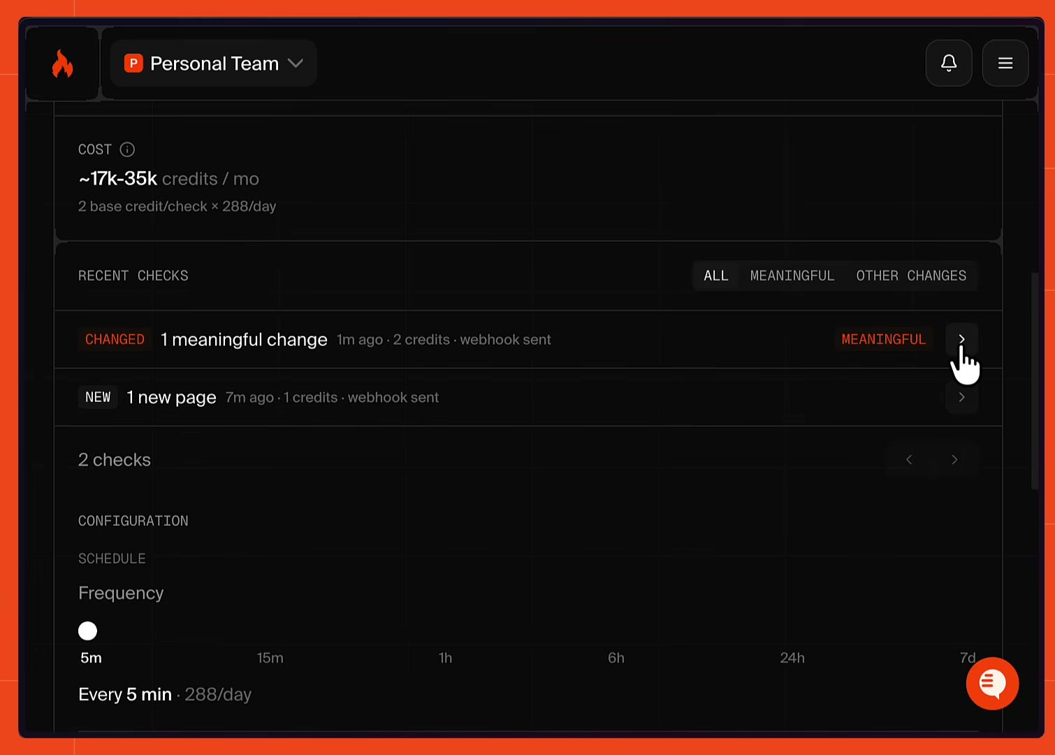 The Firecrawl dashboard showing a check marked as a meaningful change with credits and webhook status