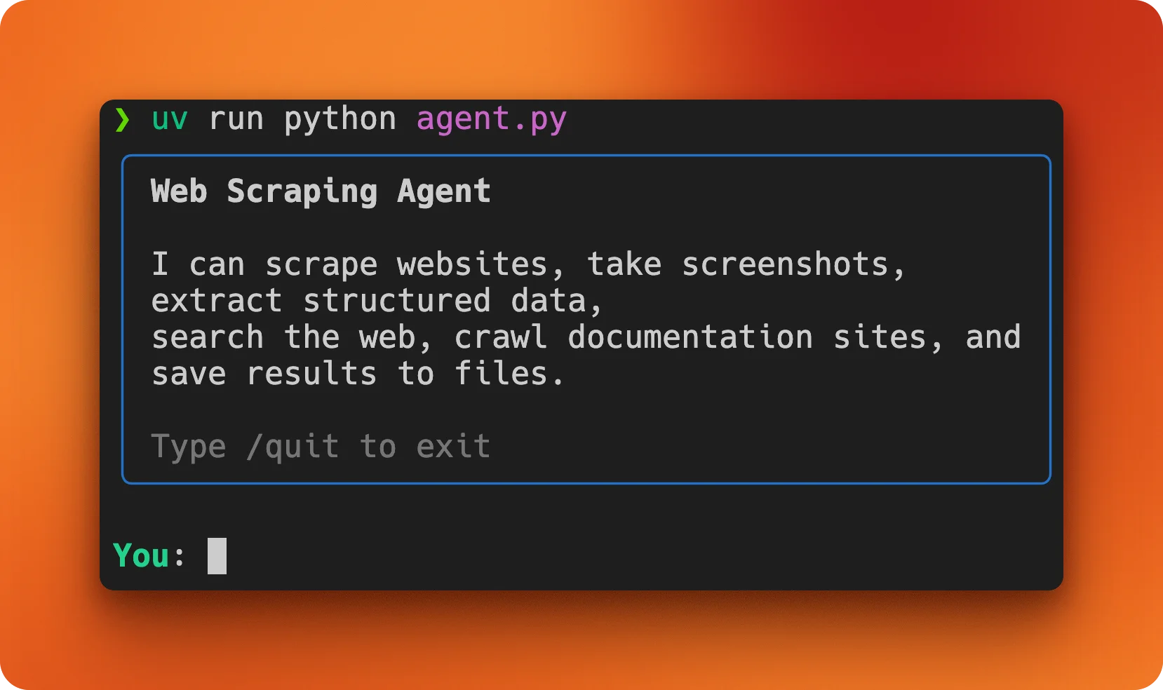 Terminal screenshot showing the web scraping agent welcome panel with blue border listing available capabilities like scraping, screenshots, and data extraction