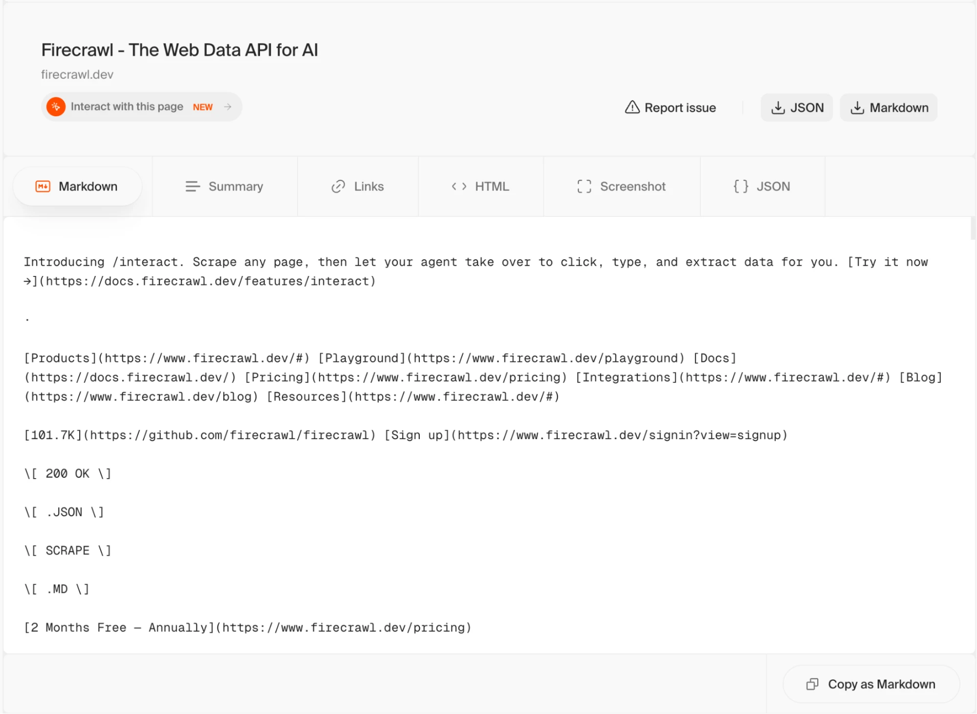 Firecrawl playground showing the markdown tab with scraped page output for firecrawl.dev