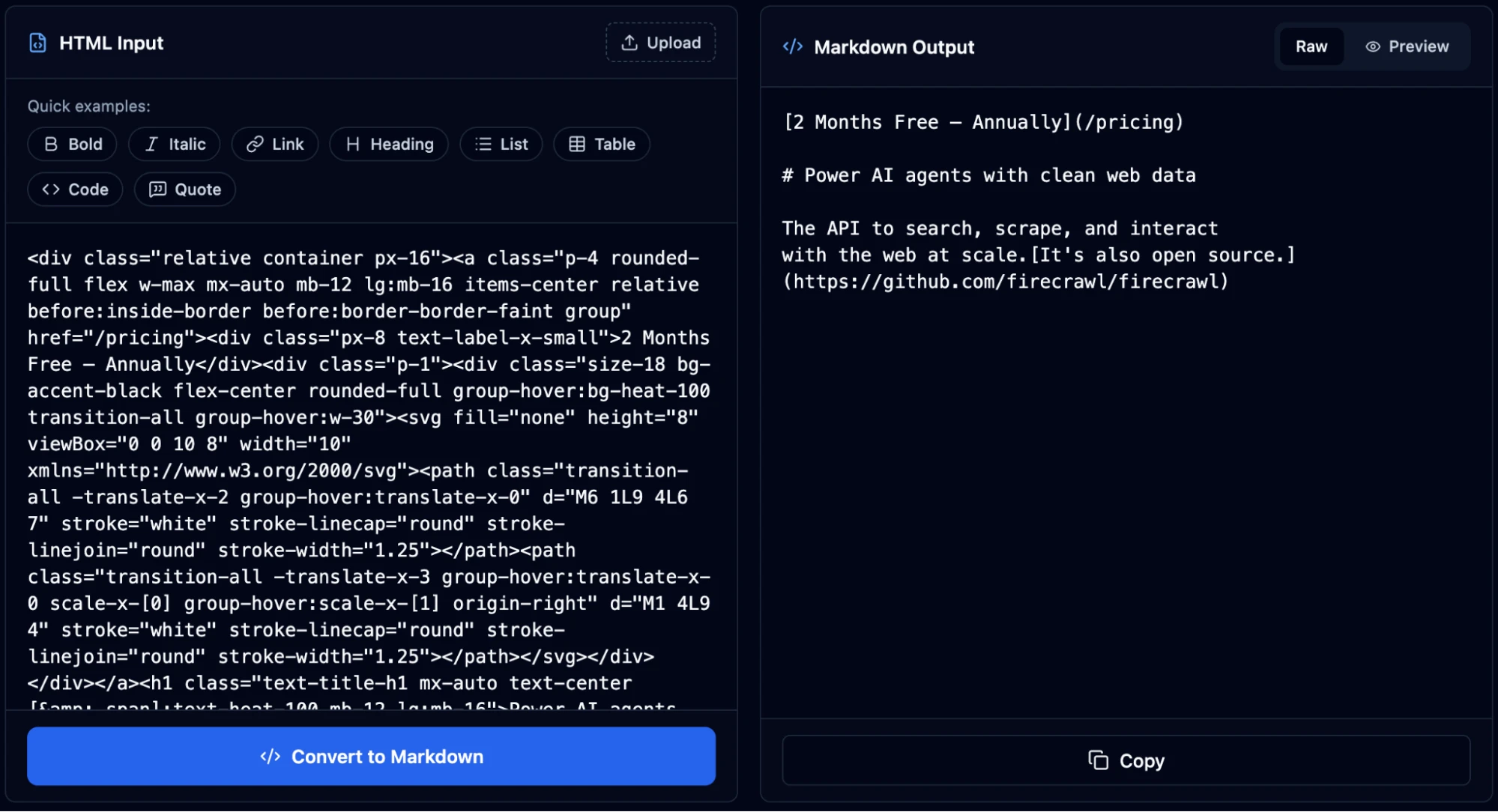 Split-screen interface showing HTML input on the left and converted markdown output on the right